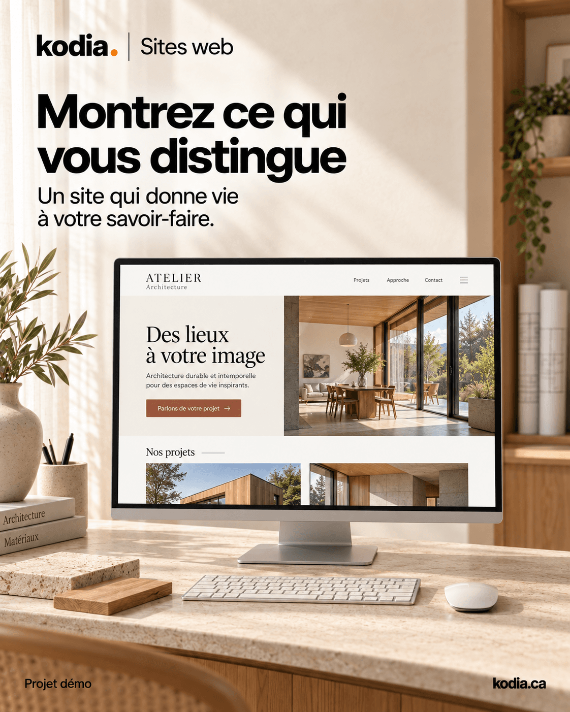 Maquette d’un site d’architecture sur un grand écran, avec une maison contemporaine et une galerie de projets.