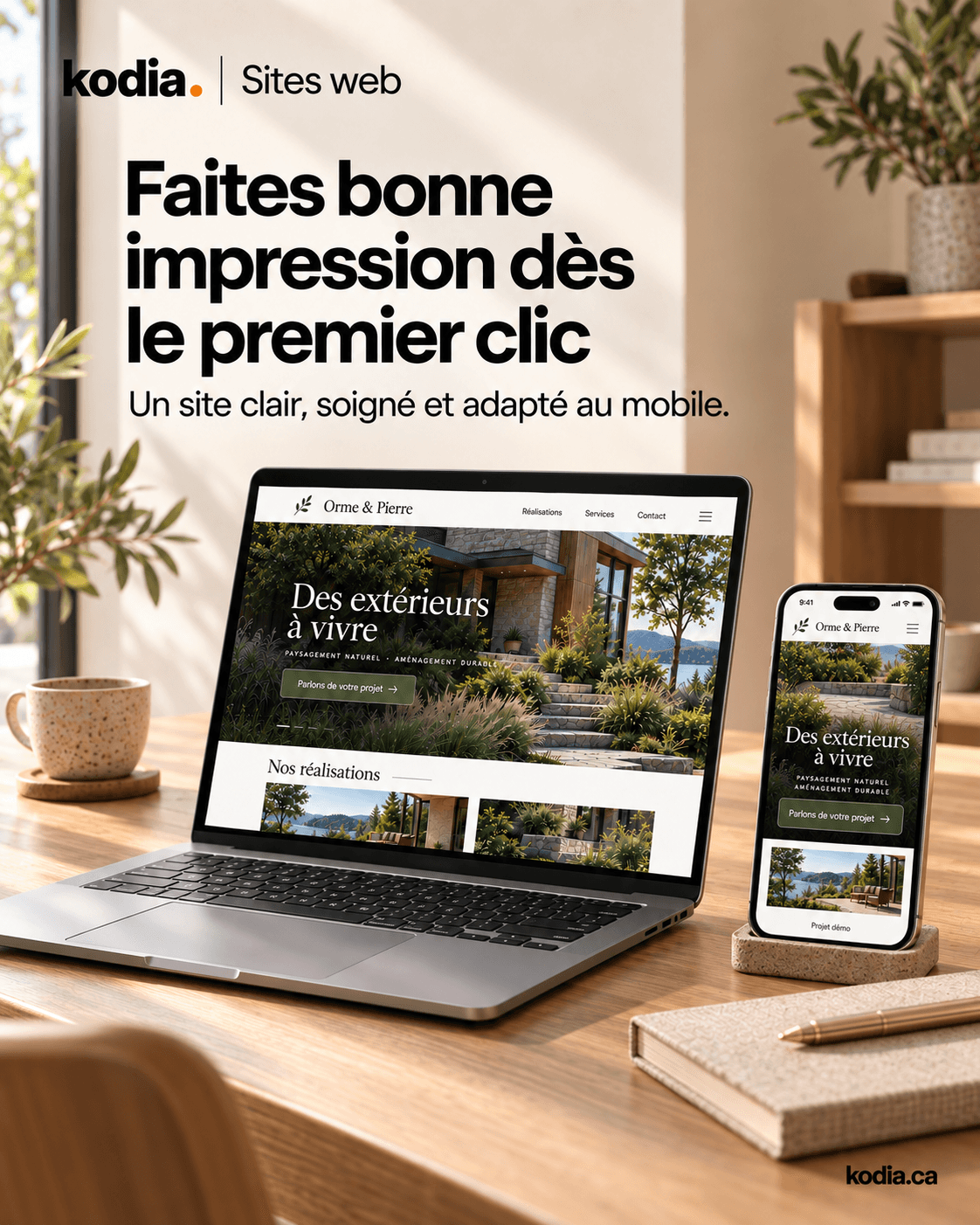 Maquette d’un site de paysagisme sur un ordinateur et un téléphone, dans un décor lumineux en bois naturel.